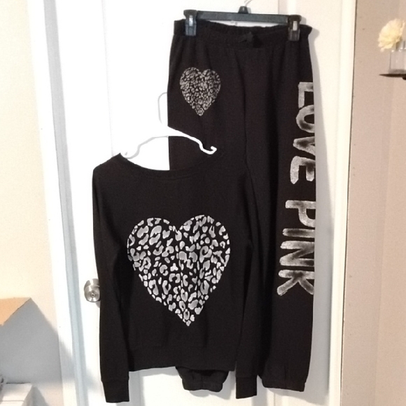 PINK Victoria's Secret Pants - Vintage VS PINK Black Sweatshirt w Leopard Print Heart & Sweatpants Set XS/S